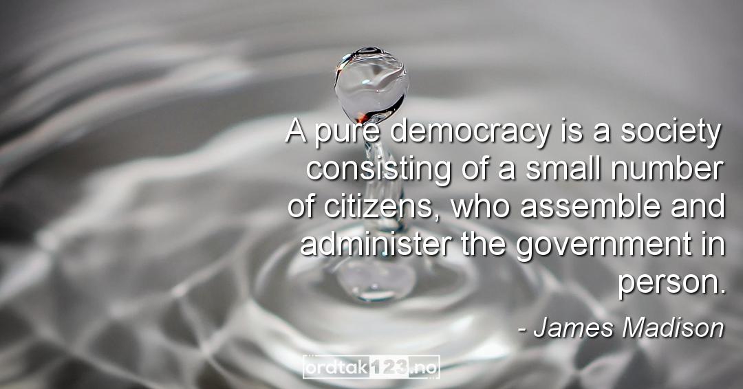 Ordtak James Madison - A pure democracy is a society consisting of a small number of citizens, who assemble and administer the government in person.