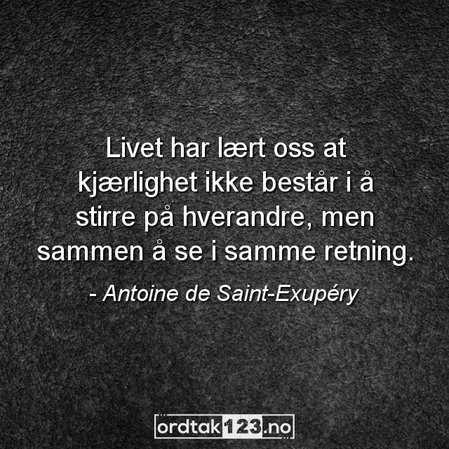 Ordtak Antoine de Saint-Exupéry - Livet har lært oss at kjærlighet ikke består i å stirre på hverandre, men sammen å se i samme retning.